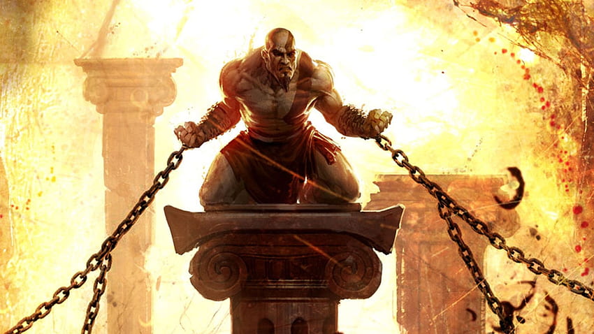 Kratos kneels imprisoned, chained, and tormented by the Furies for breaking his blood oath to Ares.