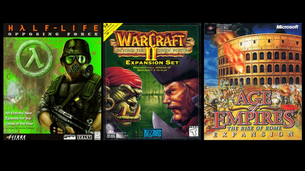 Three classic PC Expansion packs, Half-Life Opposing Force, Warcraft II: Beyond the Dark Portal and Age of Empires The Rise of Rome.